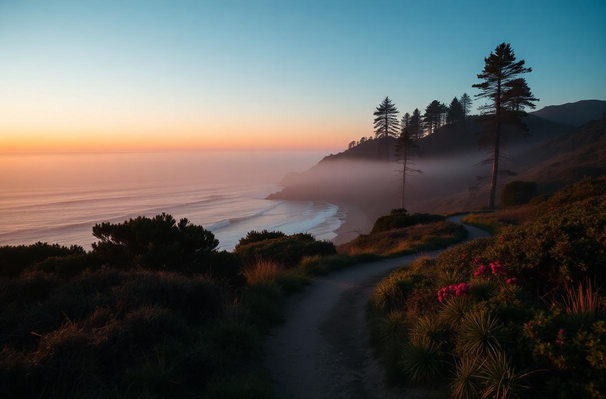 A scenic Pacific coastal trail at twilight