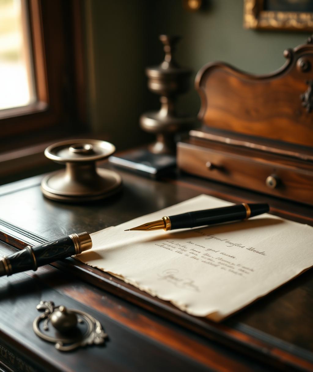 Antique writing desk with fountain pen and stationery
